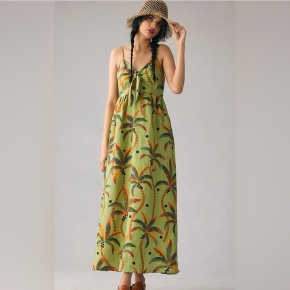 Farm Rio Anthropologie Tie-Front Linen Maxi Dress Green Motif Tropical Medium - Picture 1 of 11
